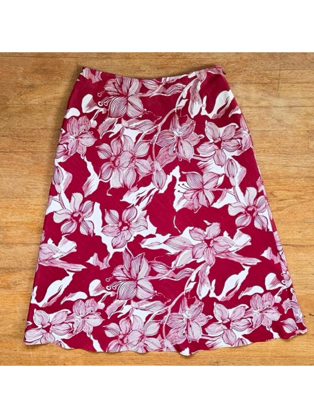 Vintage Silk/Linen Floral Print Skirt Size Small (6P) 26" Waist A-Line Red/White